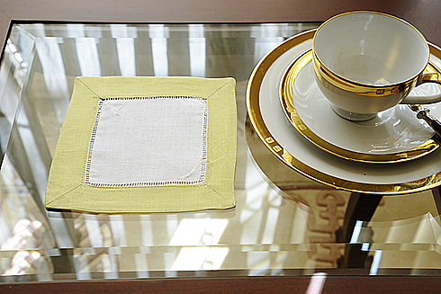 White Hemstitch Cocktail Napkin 6" with Mellow Green - Click Image to Close